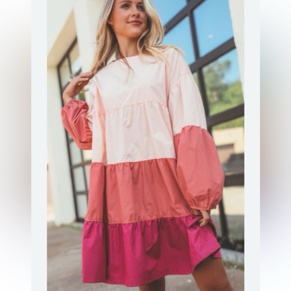 AARON & AMBER Tiered Cotton Colorblock Long Sleeve Dress New with Tags Size S